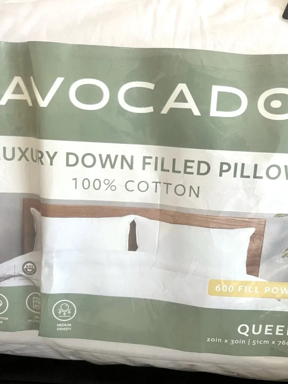 Avocado luxury Down Filled Queen Pillow 100% Cotton Cover 600 Fill Power - $245